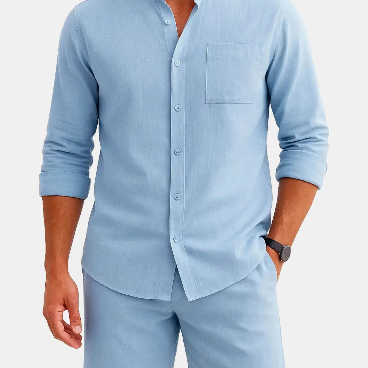Men's Modern Band Collar Linen Short Set ElevenOasis
