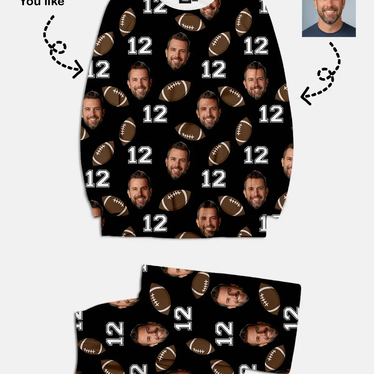 Custom Face Pajama Set - American Football & Number ElevenOasis