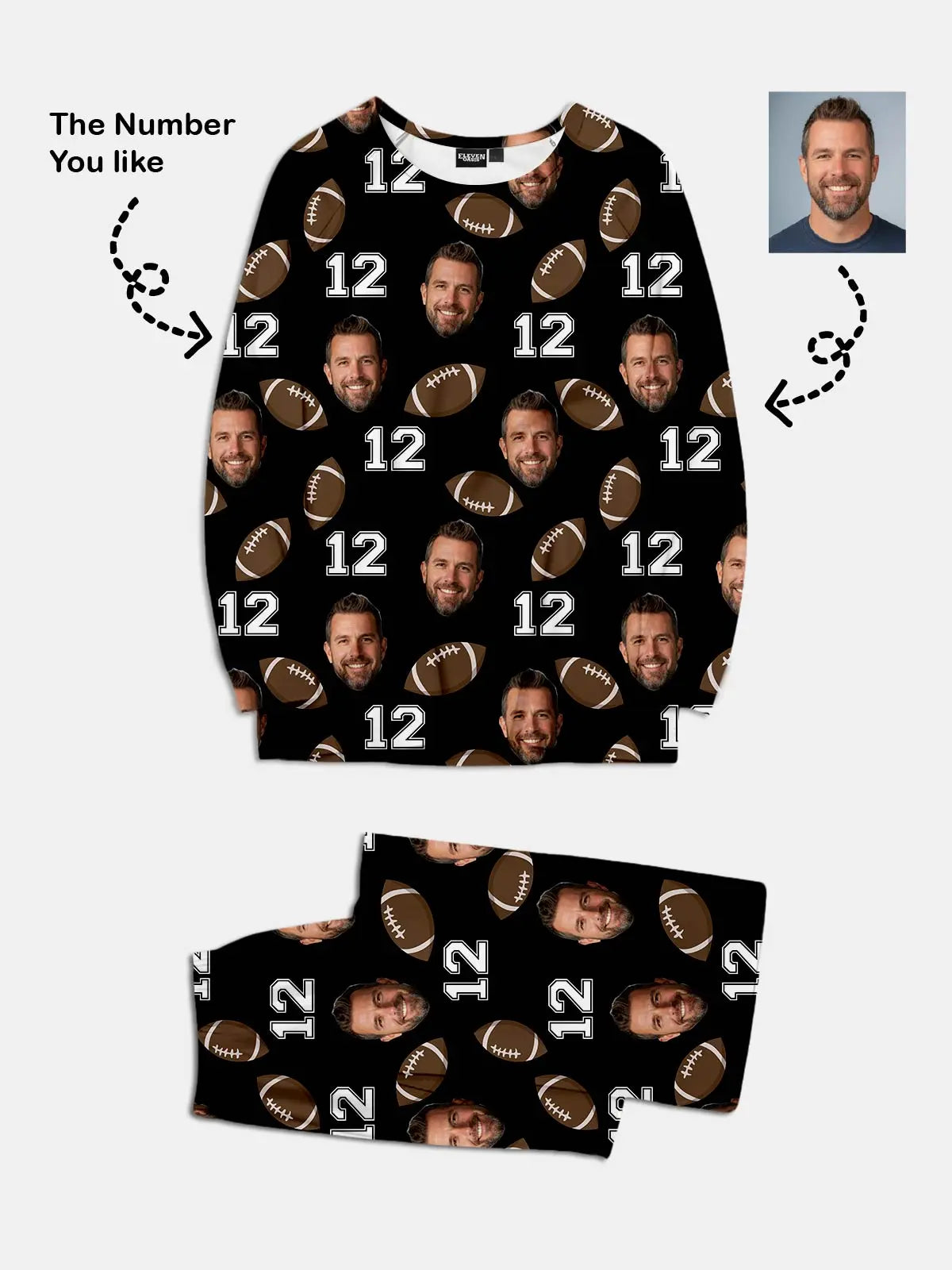 Custom Face Pajama Set - American Football & Number ElevenOasis
