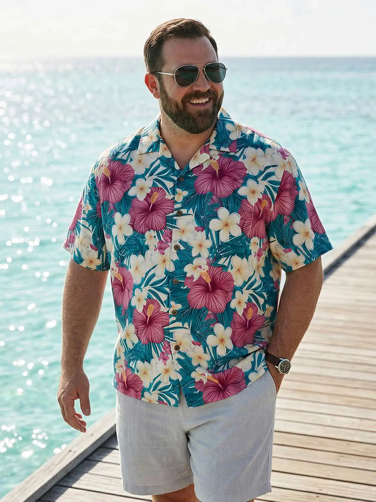 Men's Hibiscus and Plumeria Short Sleeve Shirt ElevenOasis