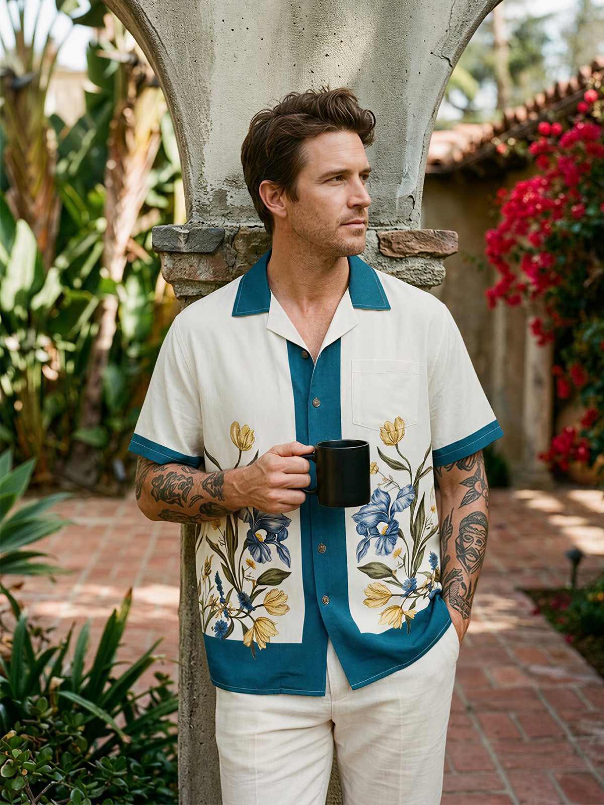 Men's Mirrored Botanical Panel Short Sleeve Shirt ElevenOasis