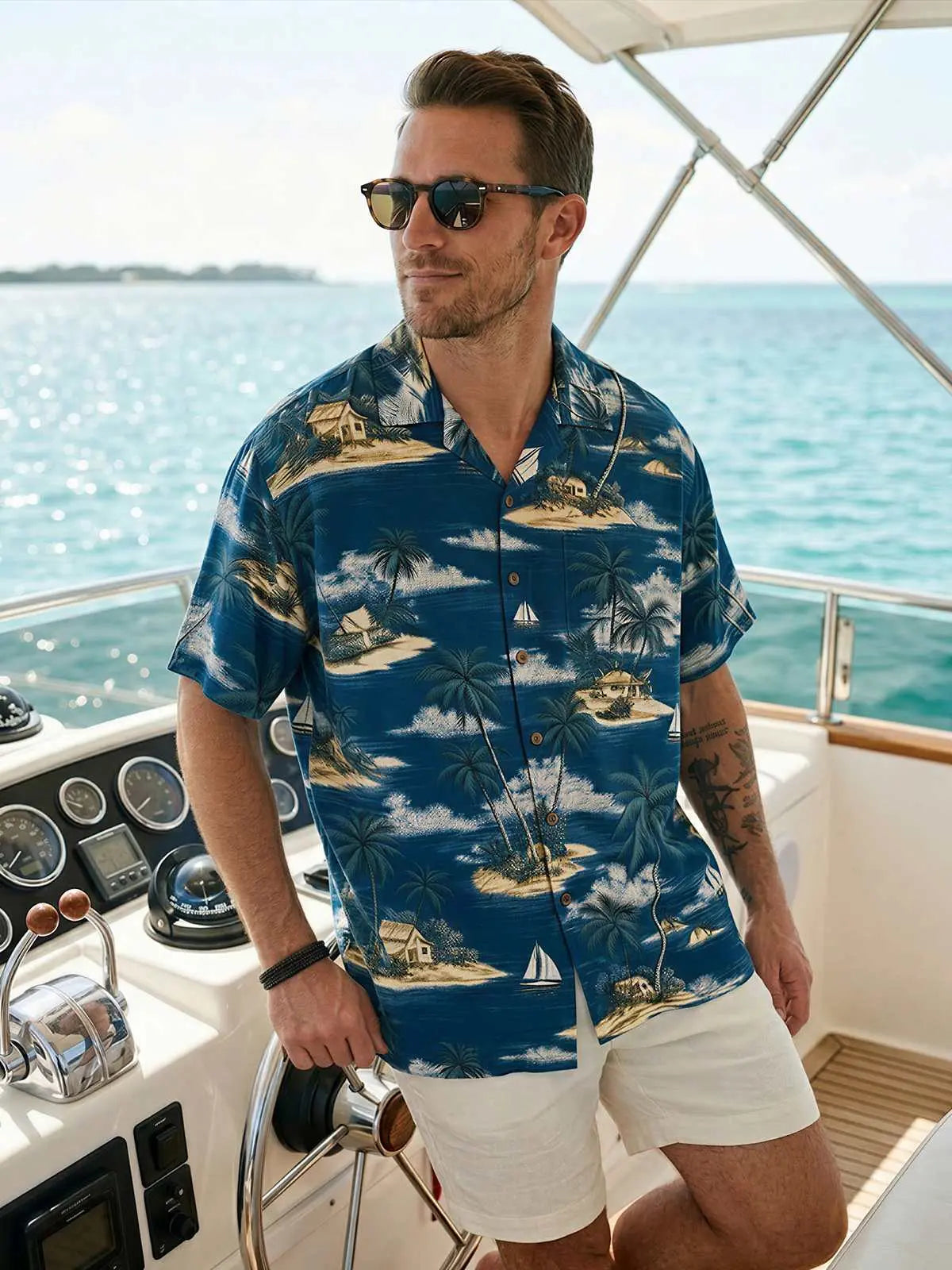 Men's Tropical Island Sailboat Camp Collar Short Sleeve Shirt ElevenOasis