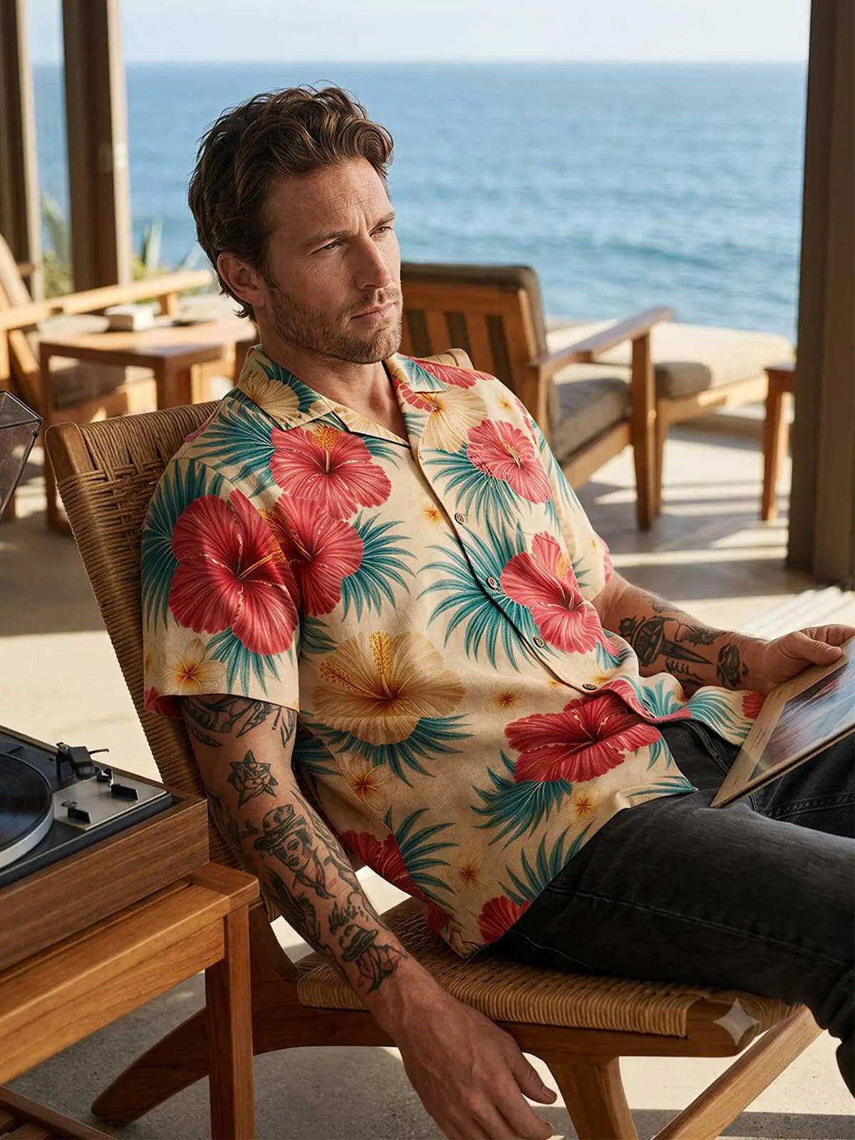 Men's Hibiscus Palm Camp Collar Short Sleeve Shirt ElevenOasis