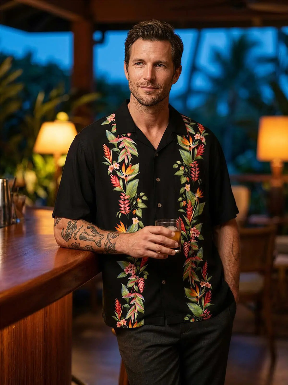 Men's Bird of Paradise Floral Panel Camp Collar Short Sleeve Shirt ElevenOasis