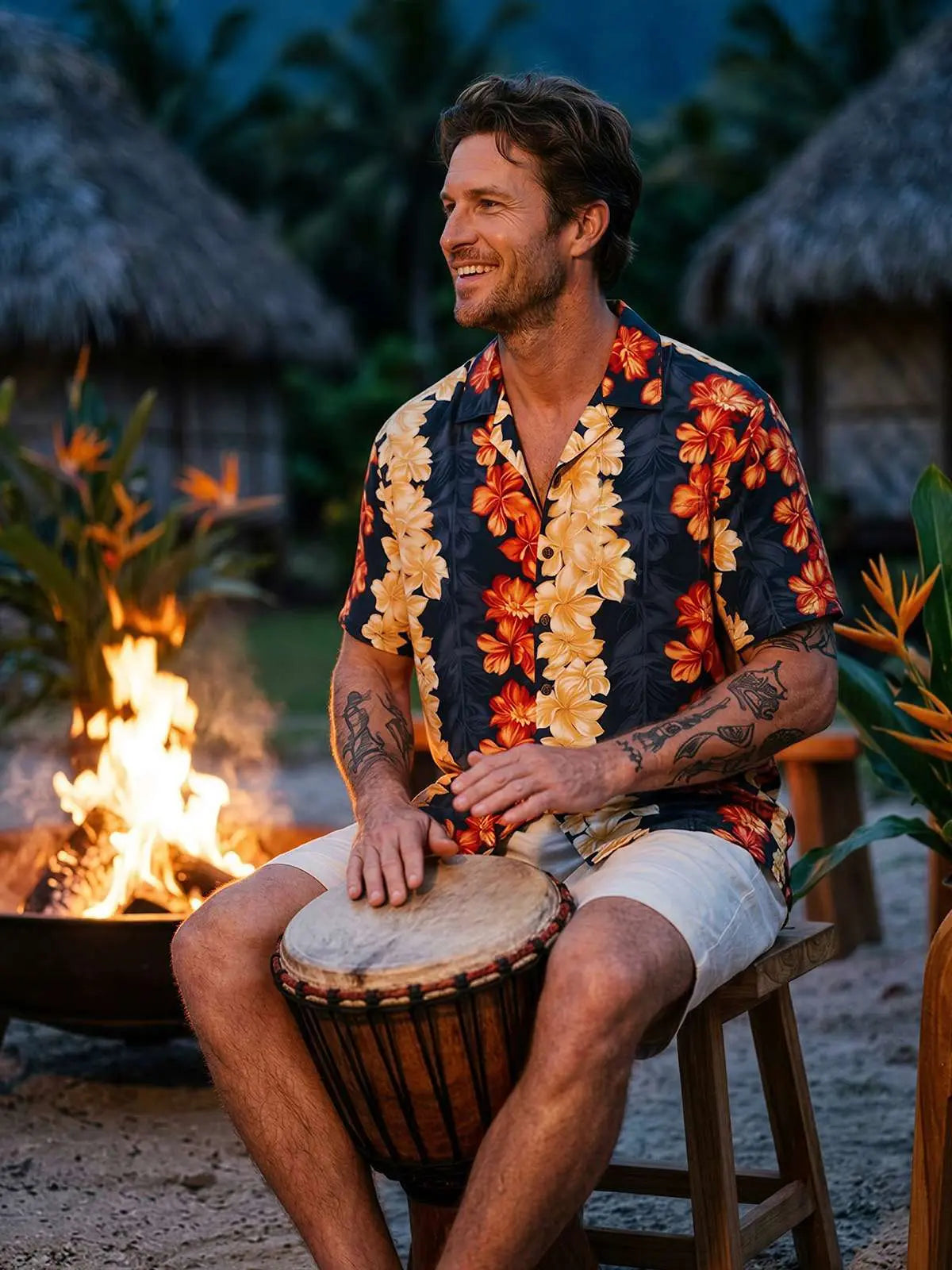 Men's Tropical Floral Stripe Camp Collar Short Sleeve Shirt ElevenOasis