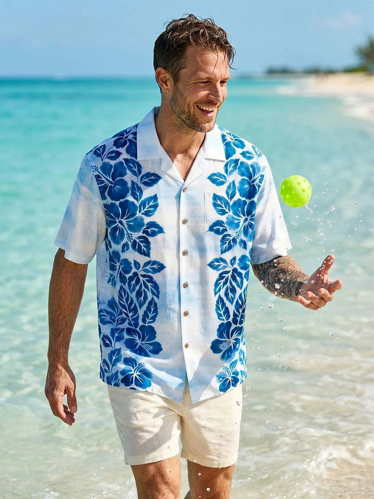 Men's Hibiscus Panels Camp Collar Short Sleeve Shirt ElevenOasis