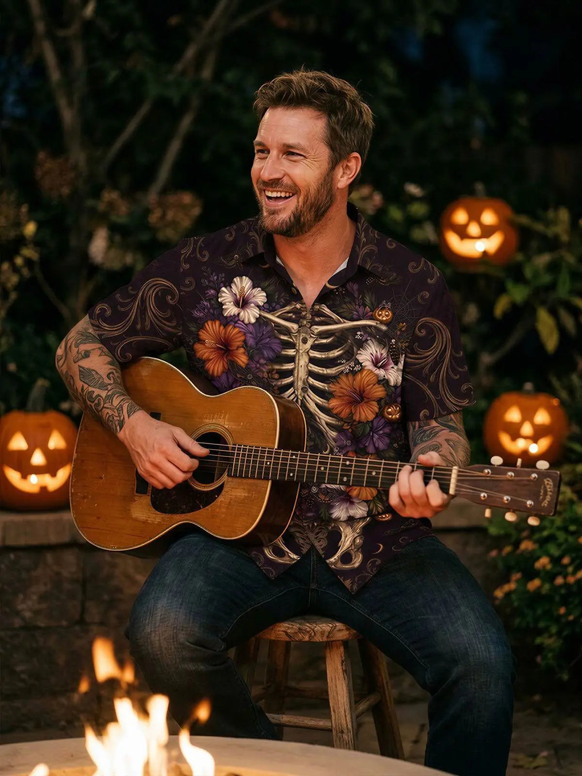 Tall Men's Floral Skeleton Halloween Short Sleeve Shirt Eleven Oasis