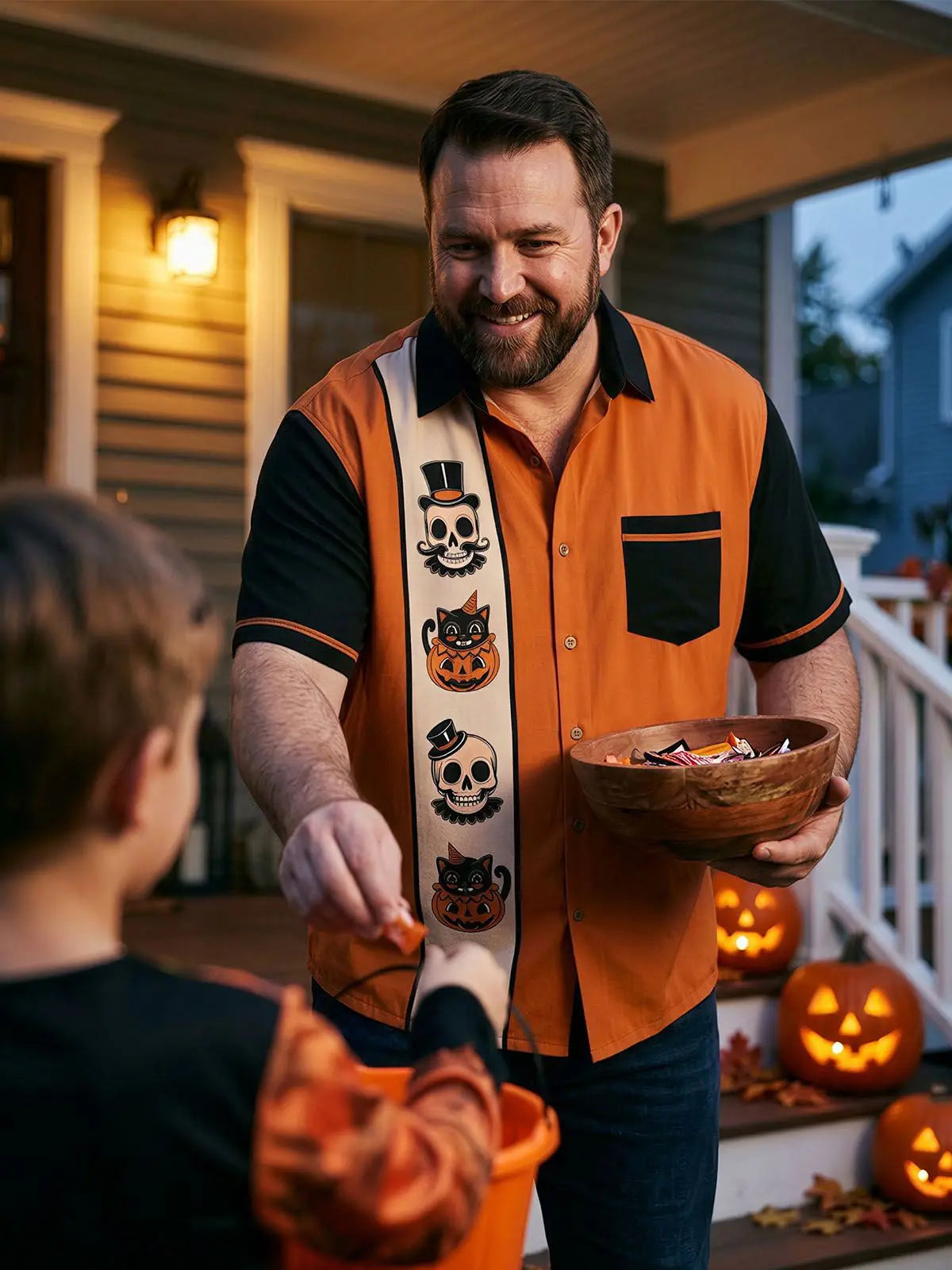 Tall Men's Vintage Skull and Pumpkin Halloween Short Sleeve Shirt Eleven Oasis