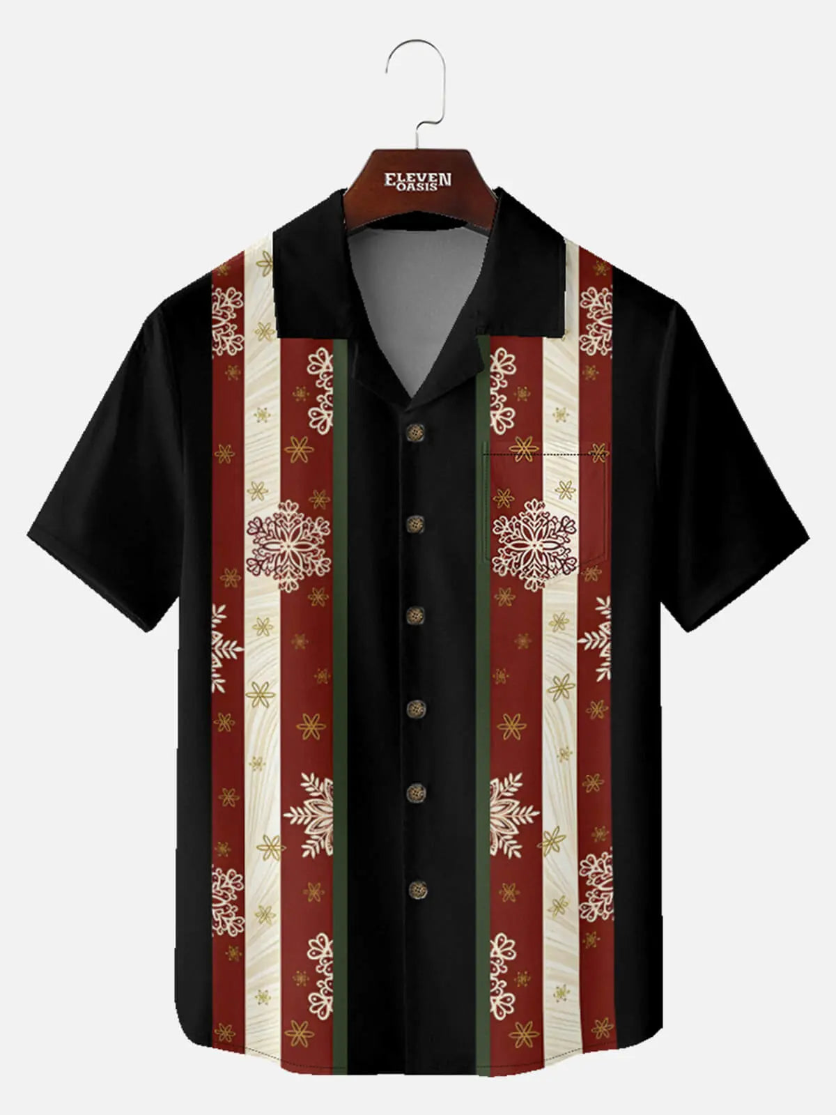 Men's Festive Snowflake Stripe Christmas Short Sleeve Shirt ElevenOasis