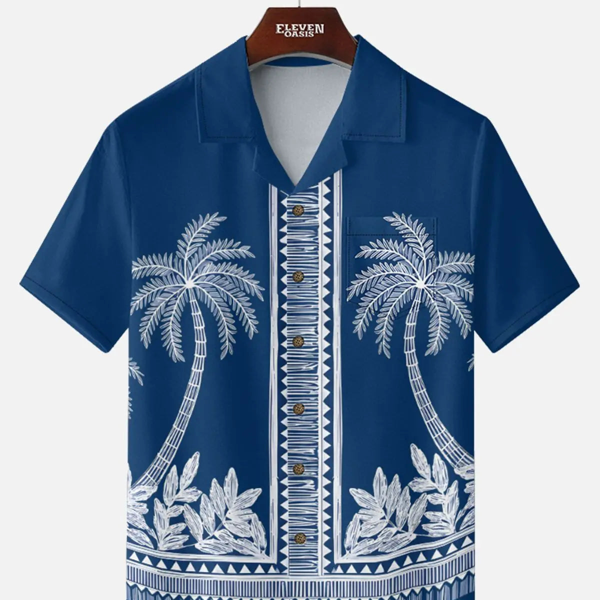 Tall Men's Blue Palm Tile Panel Short Sleeve Shirt ElevenOasis