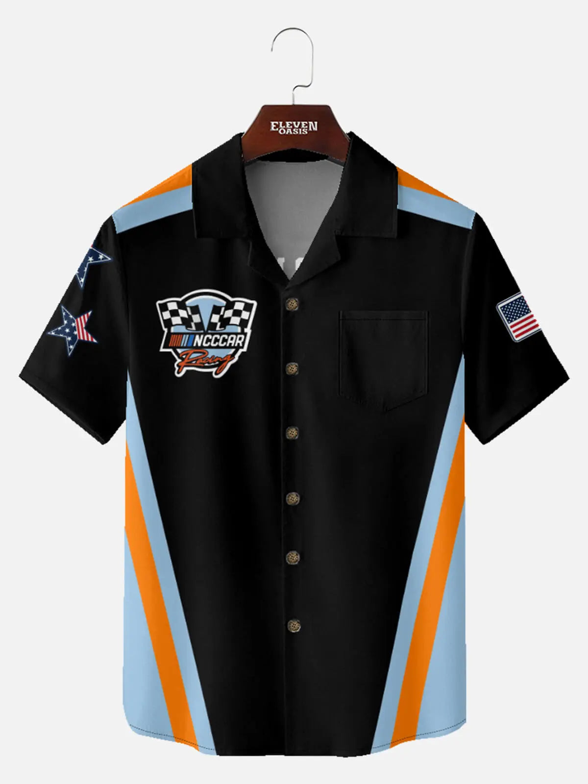 Men's Custom Racing Flags Stripes & Stars Short Sleeve Shirt Eleven Oasis