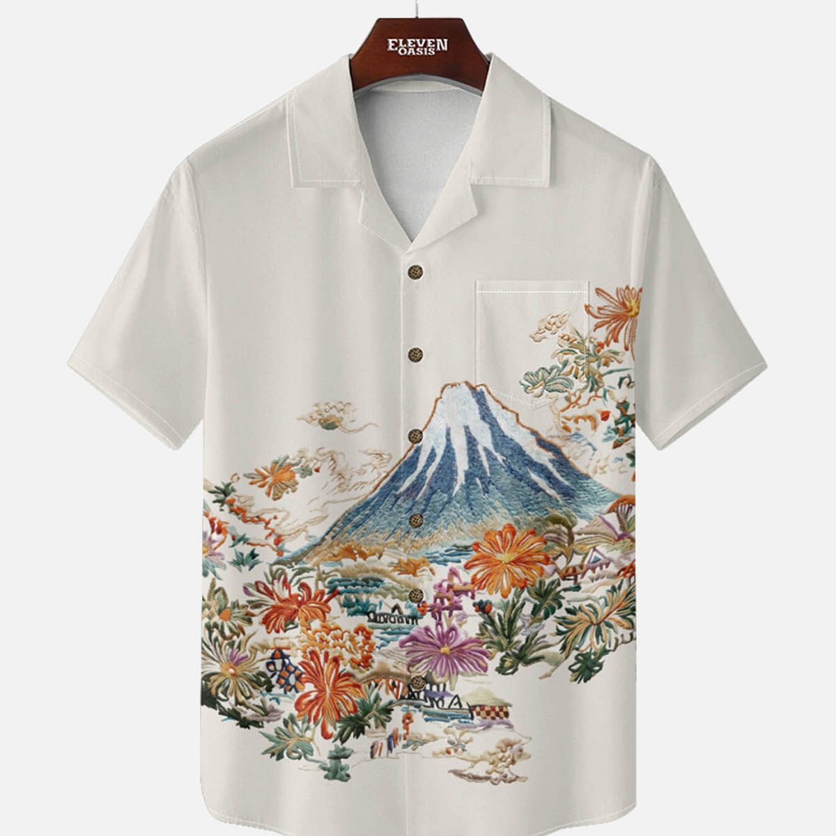Men's Mount Fuji Floral Landscape Short Sleeve Shirt Eleven Oasis