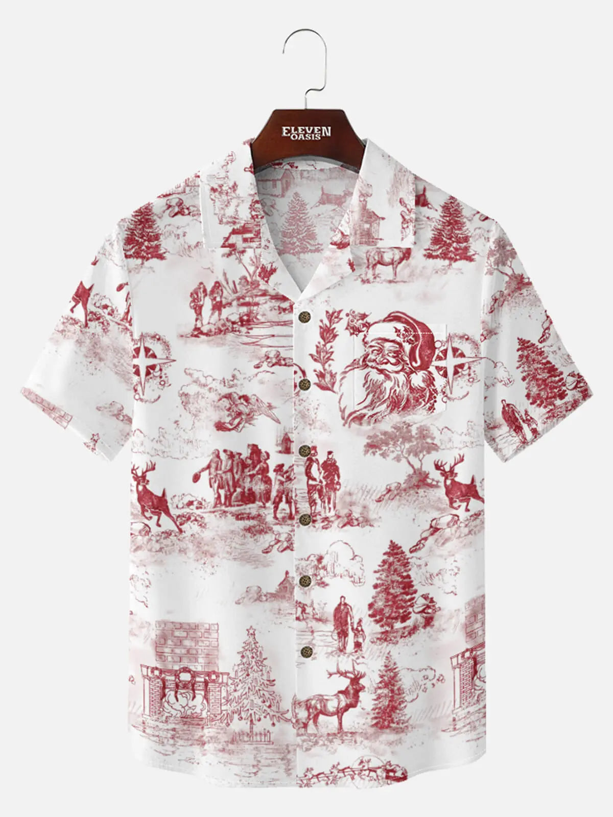 Tall Men's Vintage Santa Toile Print Short Sleeve Shirt Eleven Oasis