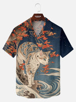 Men's Japanese Cat & Maple Wave Short Sleeve Shirt Eleven Oasis