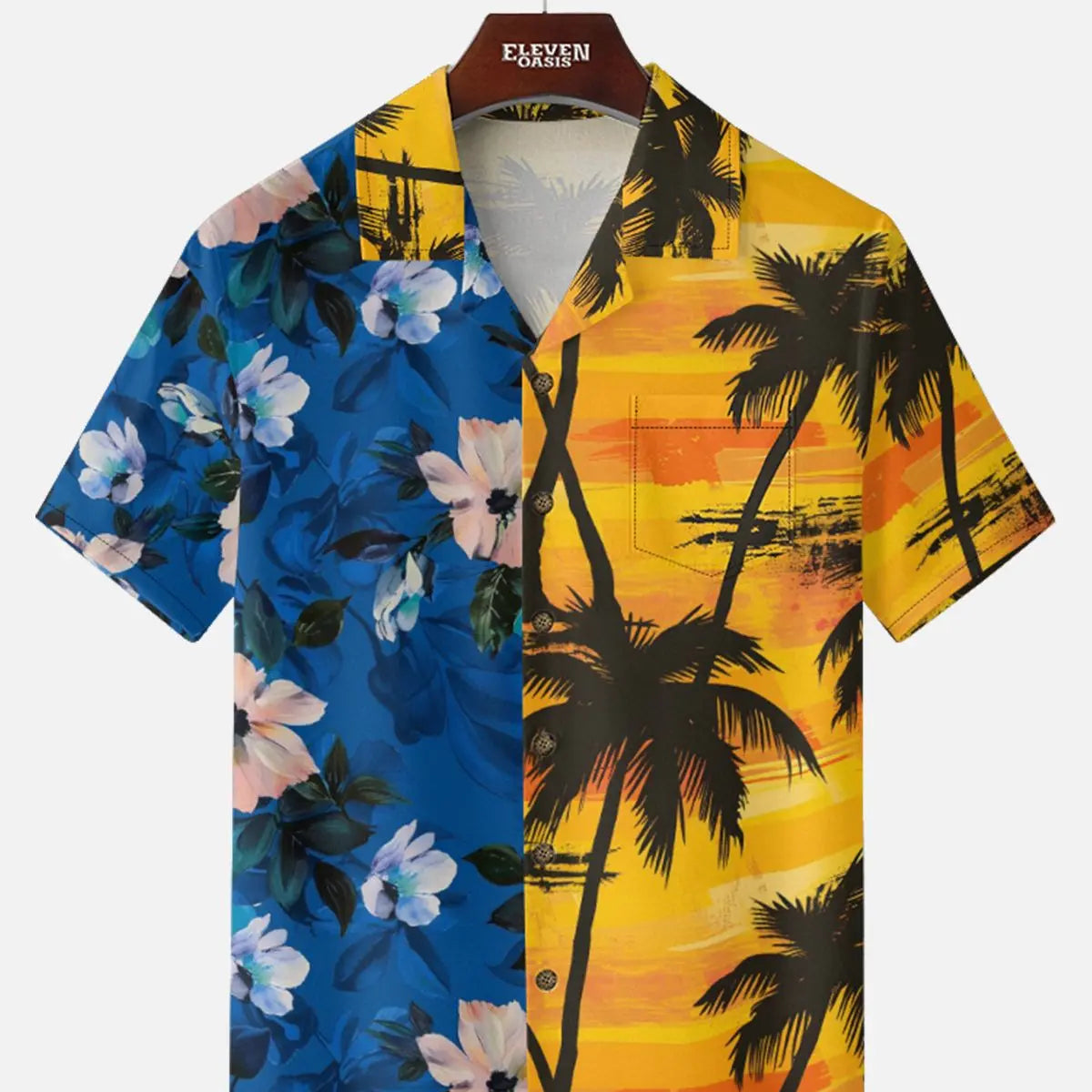 Men's Split Floral Palm Sunset Camp Collar Short Sleeve Shirt Eleven Oasis