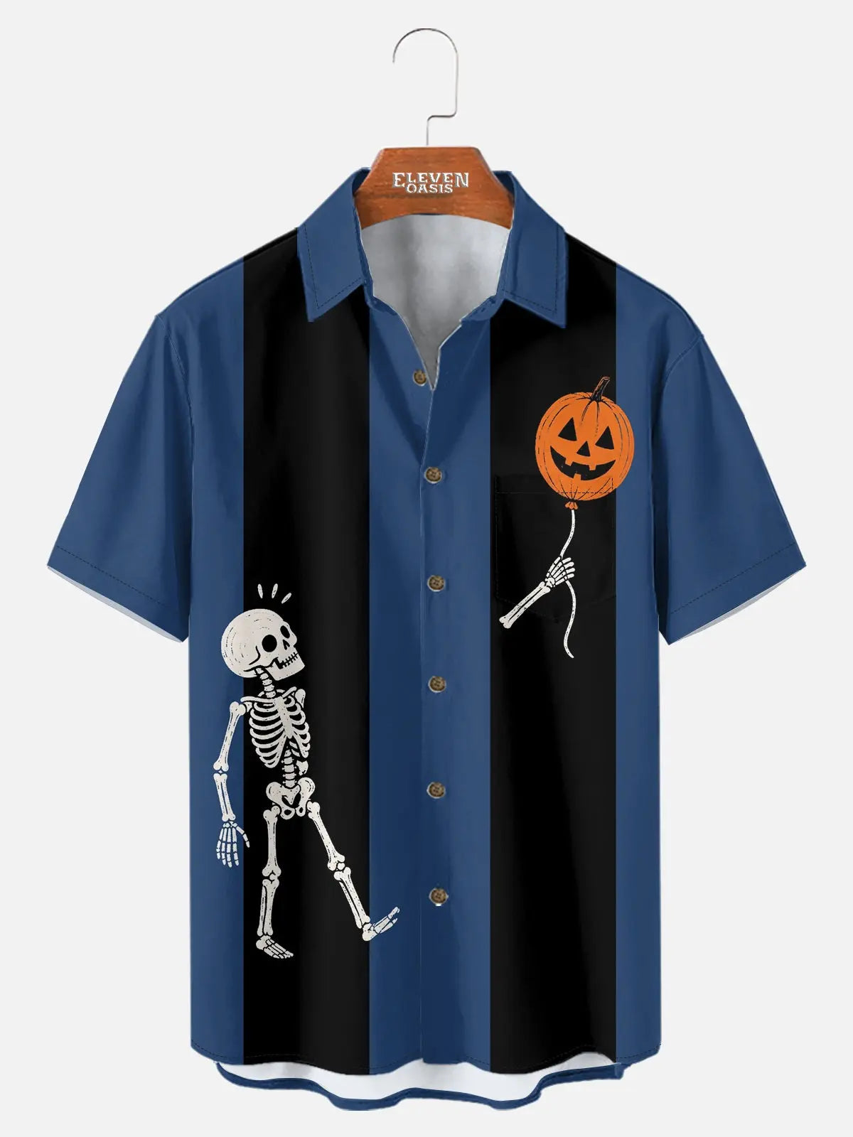 Tall Men's Skeleton Pumpkin Bowling Short Sleeve Shirt Eleven Oasis