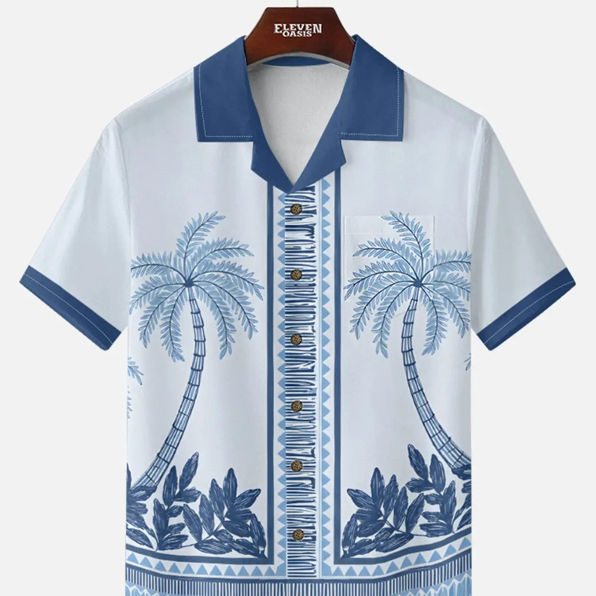 Tall Men's Blue Palm Tile Panel Short Sleeve Shirt ElevenOasis