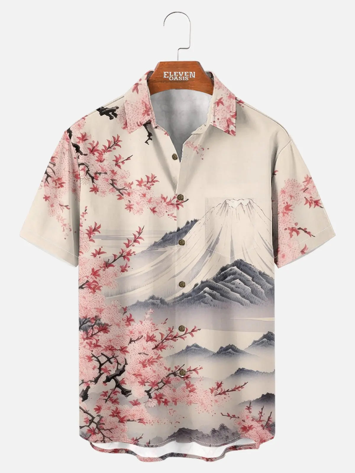 Men's Japan-Inspired Mt Fuji and Cherry Blossoms Short Sleeve Casual Shirt?