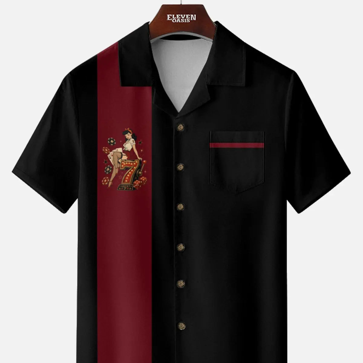 Men's Pin-Up Poker Chip Panel Bowling Short Sleeve Shirt ElevenOasis