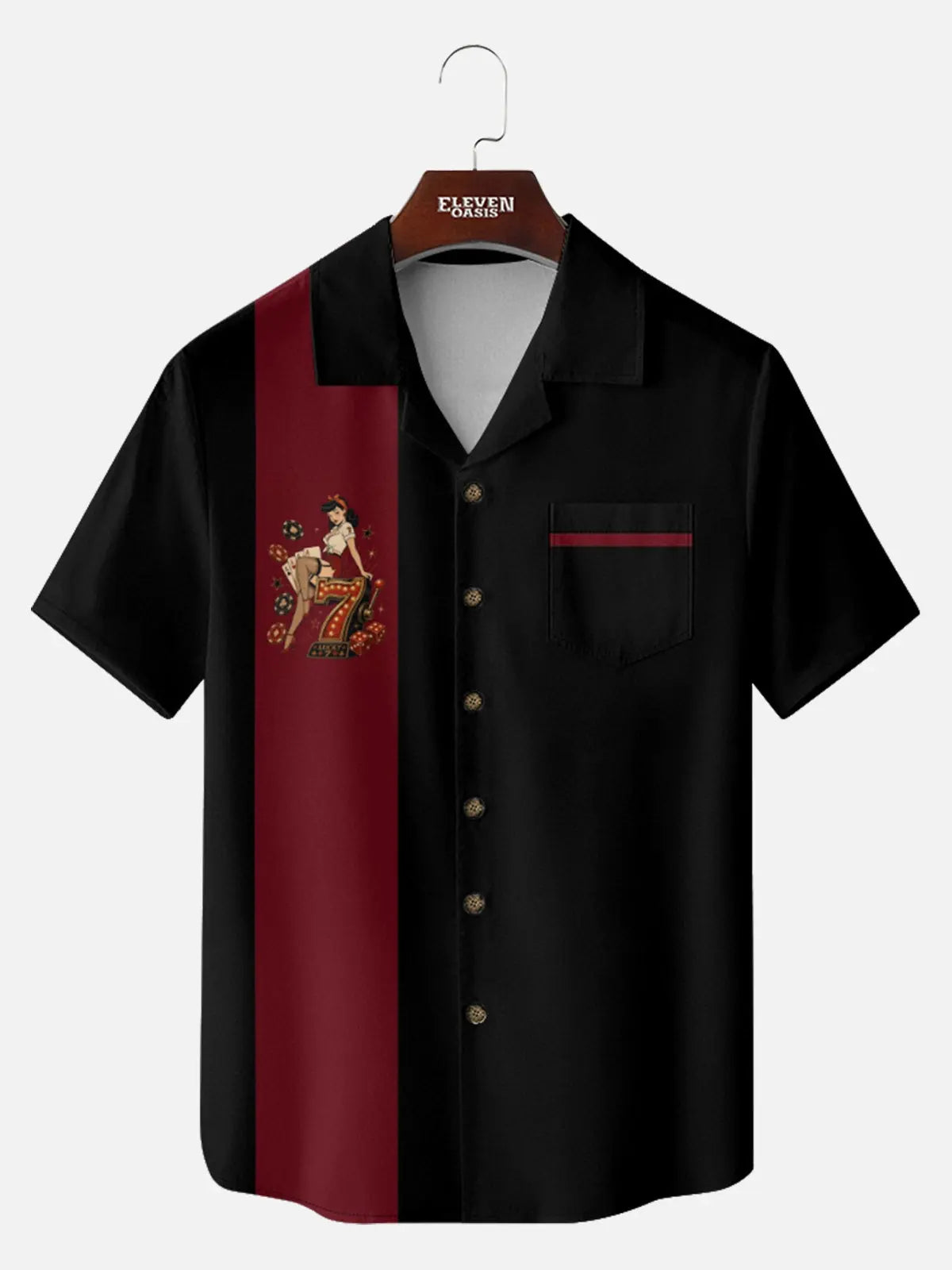 Men's Pin-Up Poker Chip Panel Bowling Short Sleeve Shirt ElevenOasis