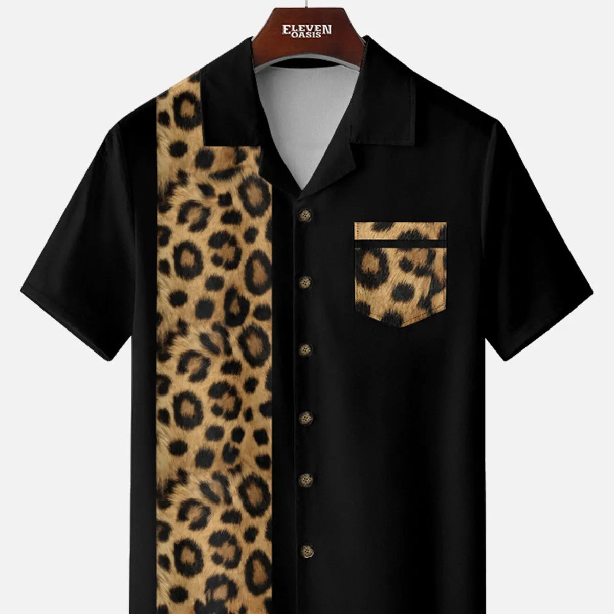 Tall Men's Leopard Print Panel Camp Collar Bowling Short Sleeve Shirt Eleven Oasis