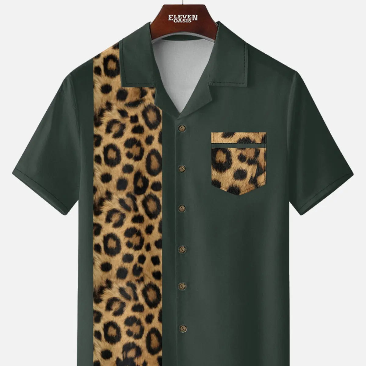 Men's Leopard Print Panel Camp Collar Bowling Short Sleeve Shirt ElevenOasis