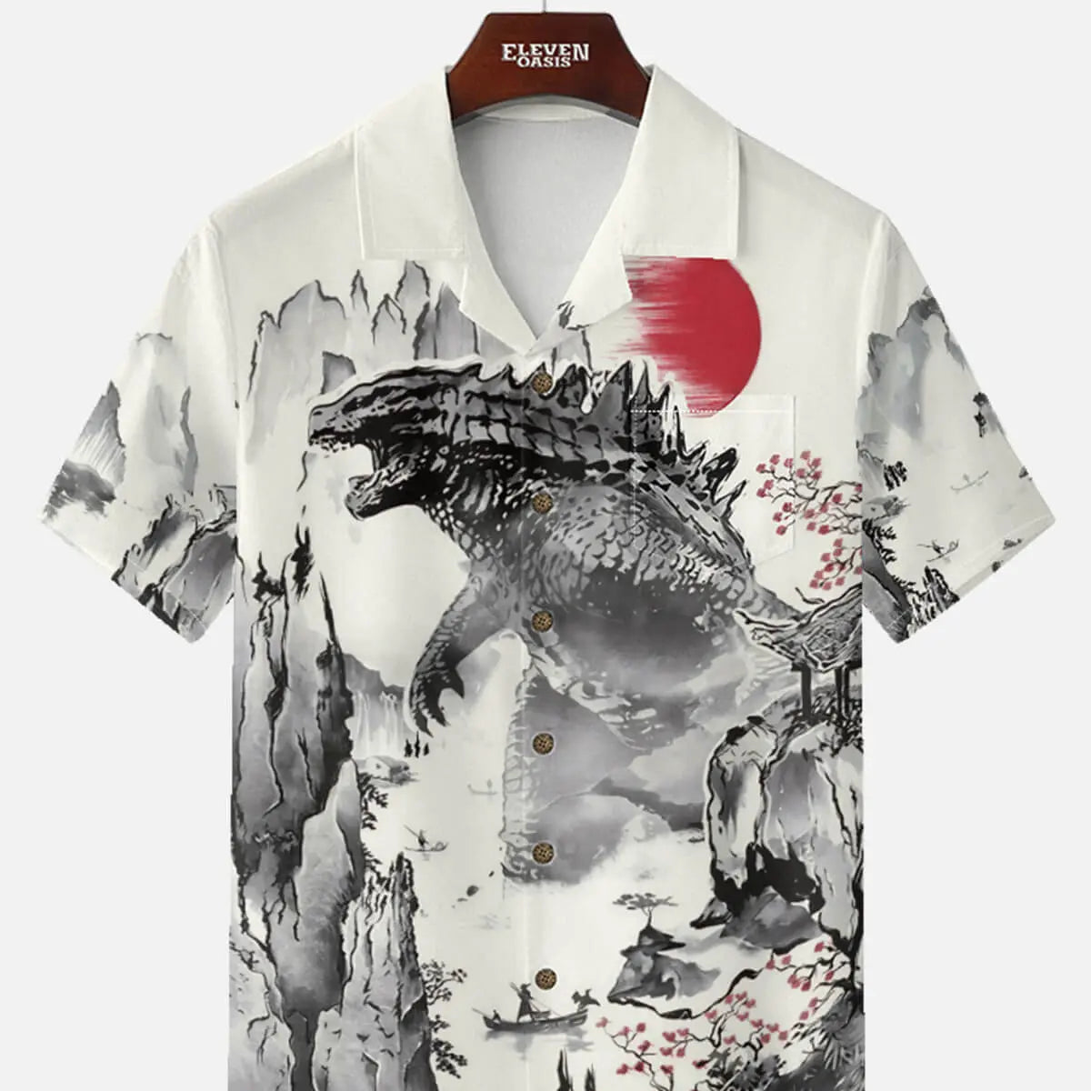 Men's Japanese Ink-Style Godzilla Landscape Short Sleeve Shirt ElevenOasis