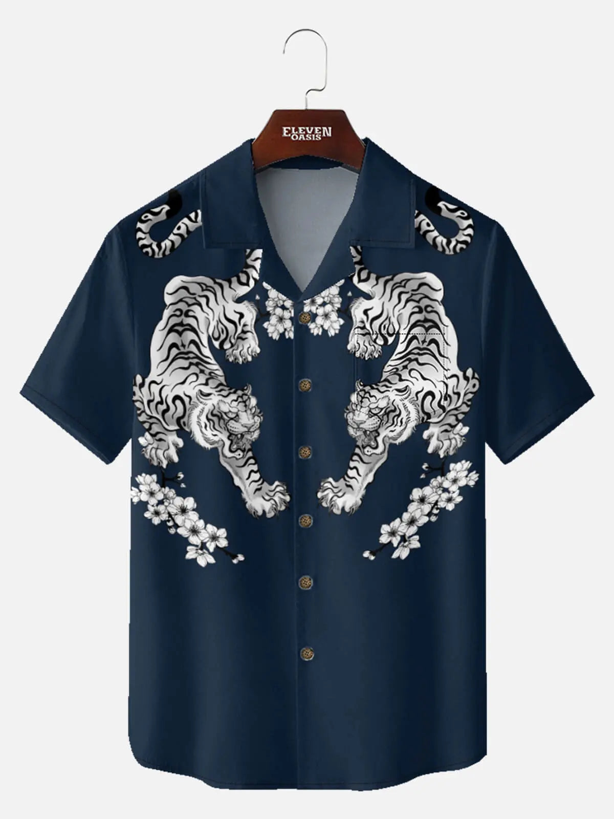 Tall Men's Japanese White Tiger & Sakura Short Sleeve Shirt Eleven Oasis