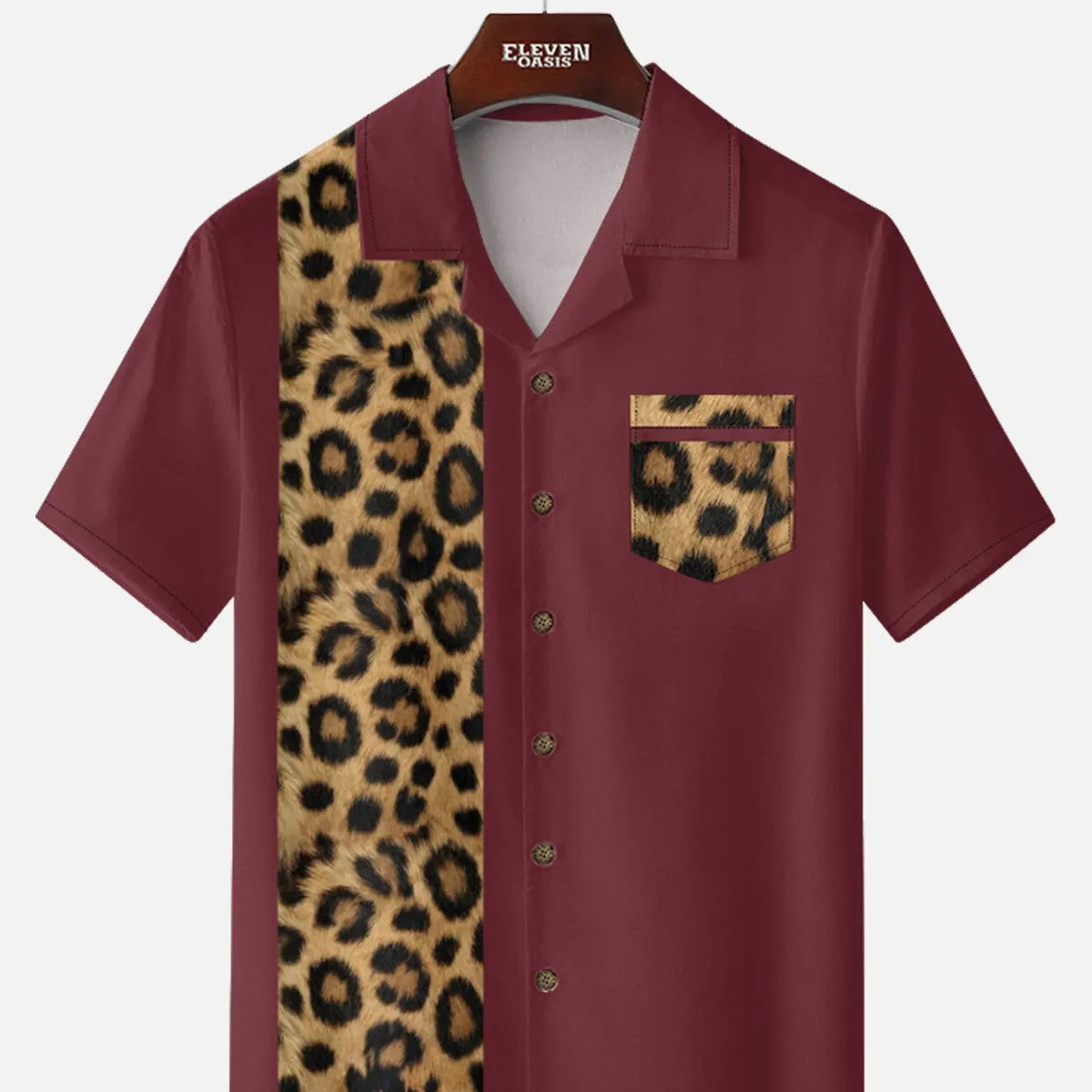Men's Leopard Print Panel Camp Collar Bowling Short Sleeve Shirt ElevenOasis