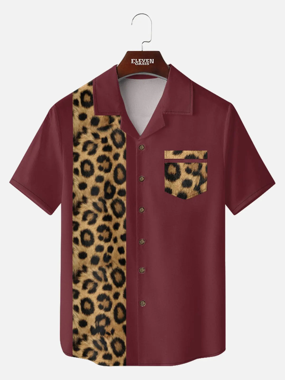 Men's Leopard Print Panel Camp Collar Bowling Short Sleeve Shirt ElevenOasis