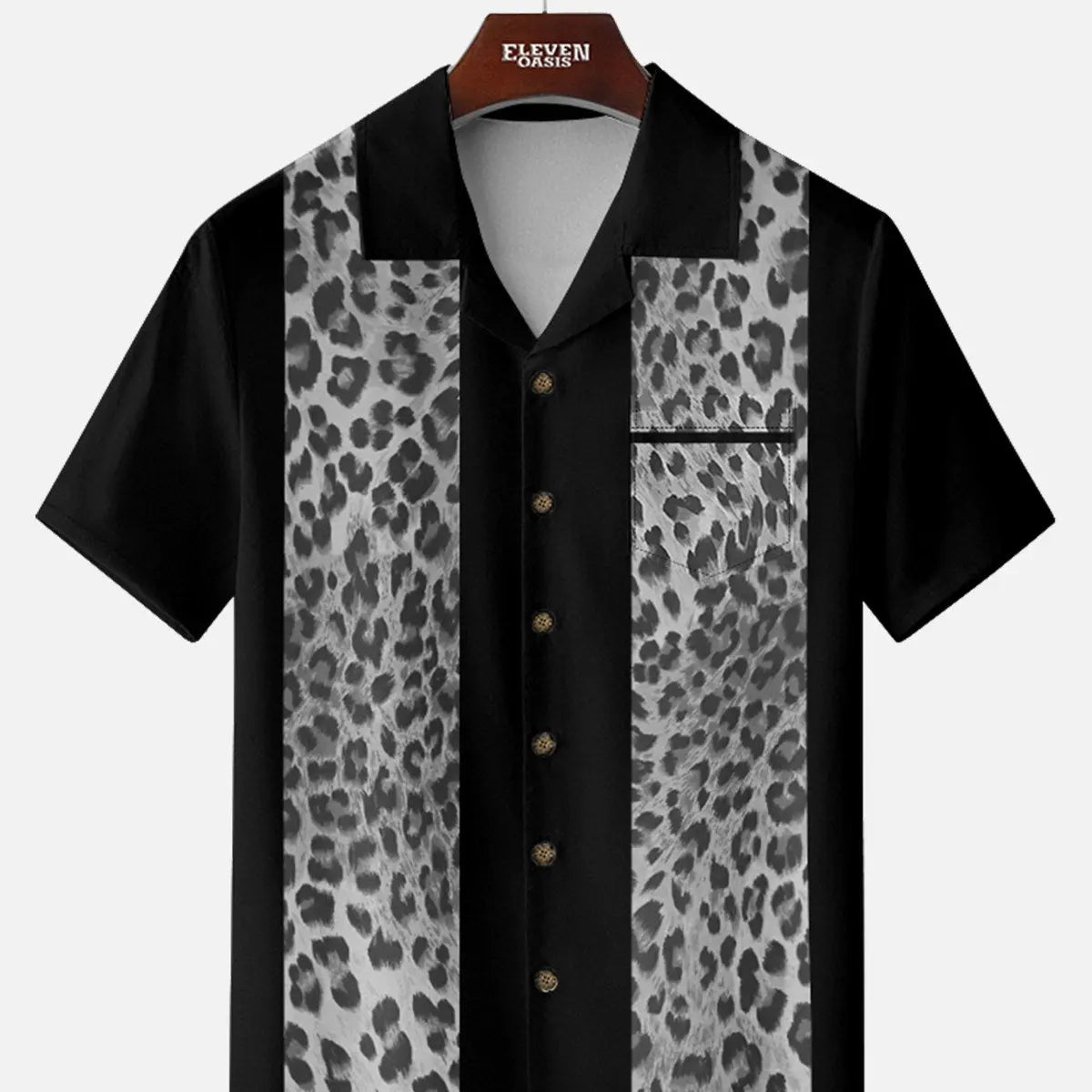 Men's Leopard Print Panel Bowling Short Sleeve Shirt