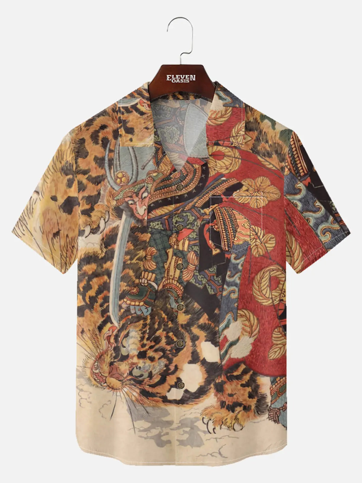 Tall Men's Japanese Samurai & Tiger Ukiyo-e Short Sleeve Shirt Eleven Oasis