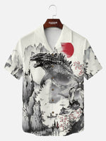 Tall Men's Japanese Ink-Style Godzilla Landscape Short Sleeve Shirt Eleven Oasis