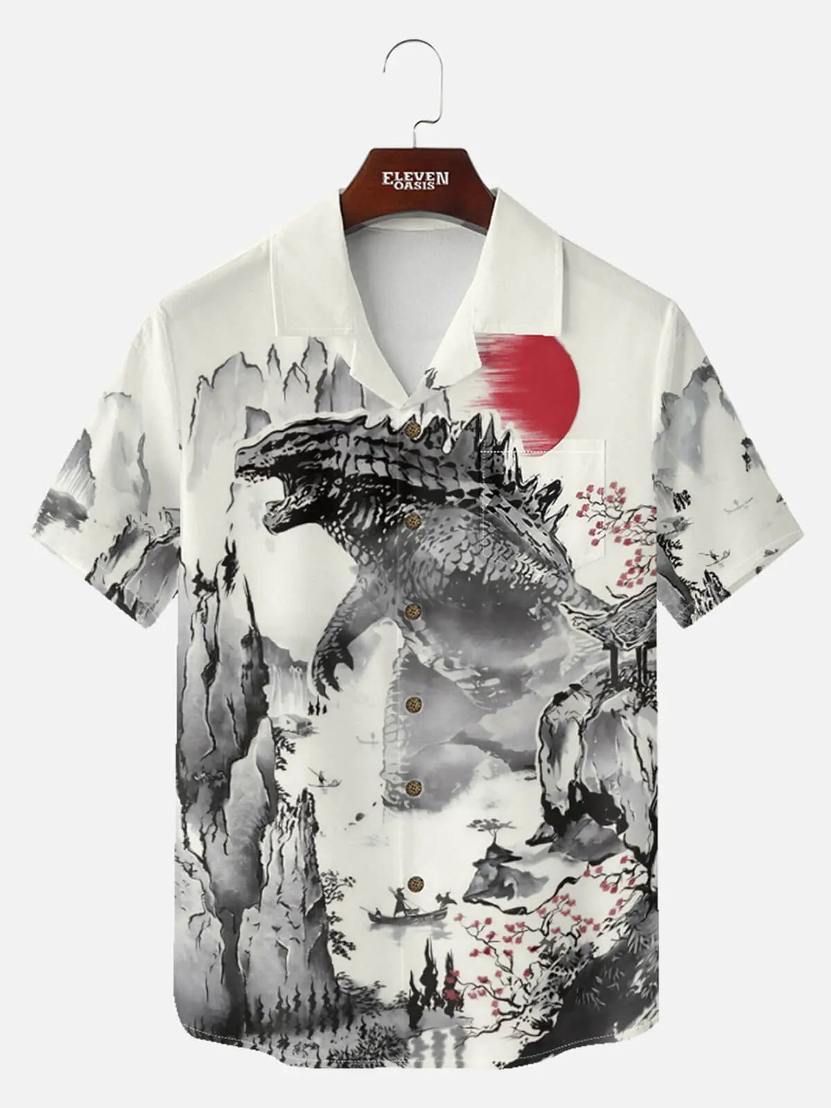 Tall Men's Japanese Ink-Style Godzilla Landscape Short Sleeve Shirt Eleven Oasis