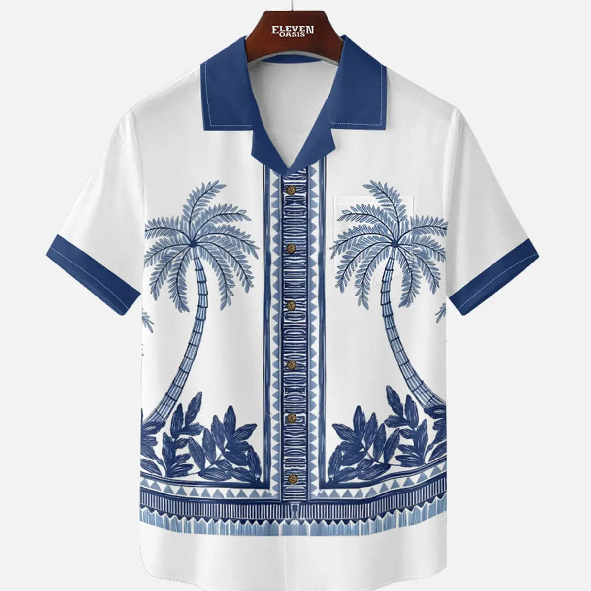 Men's Blue Palm Tile Panel Short Sleeve Shirt ElevenOasis