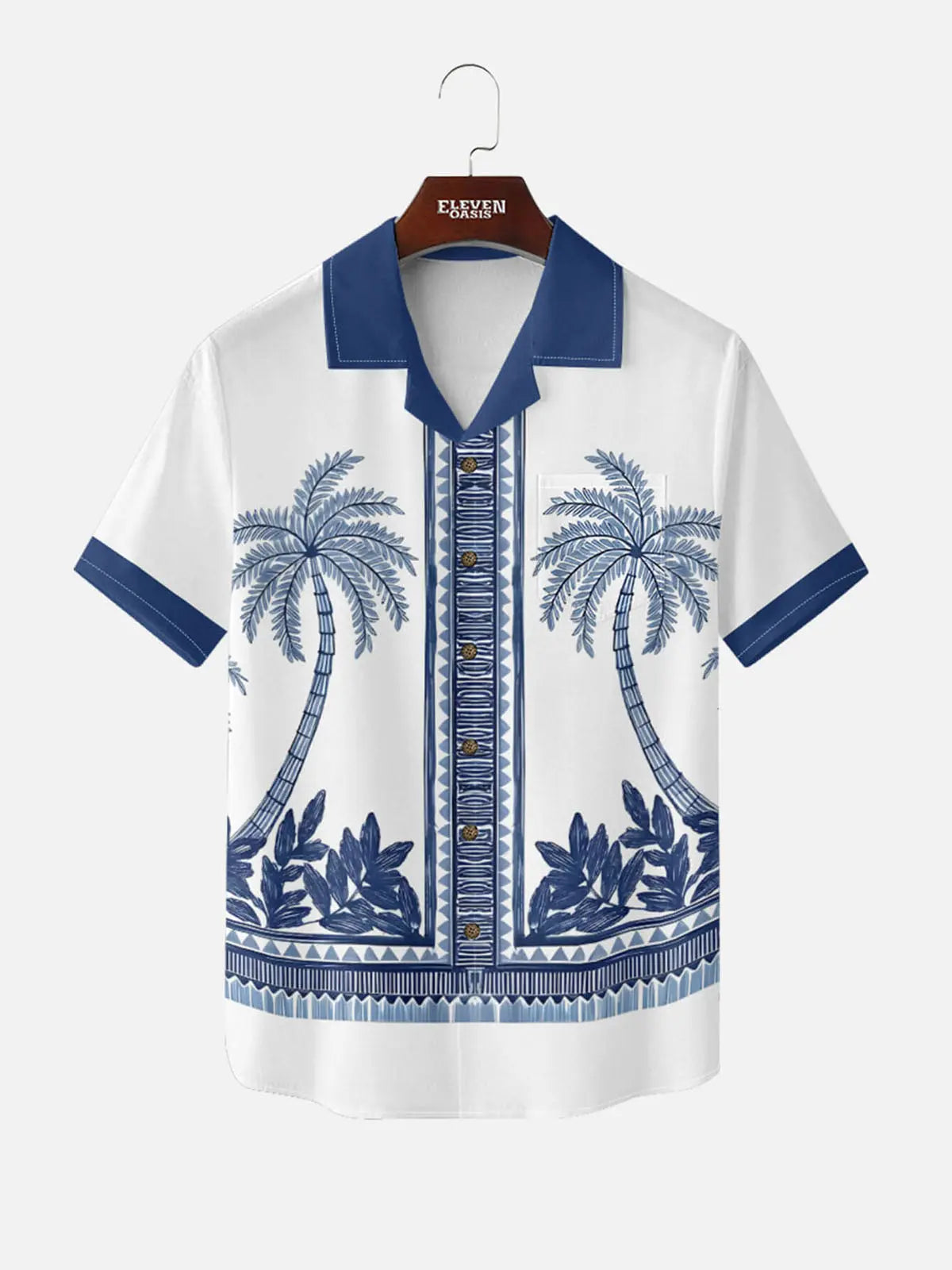 Men's Blue Palm Tile Panel Short Sleeve Shirt ElevenOasis
