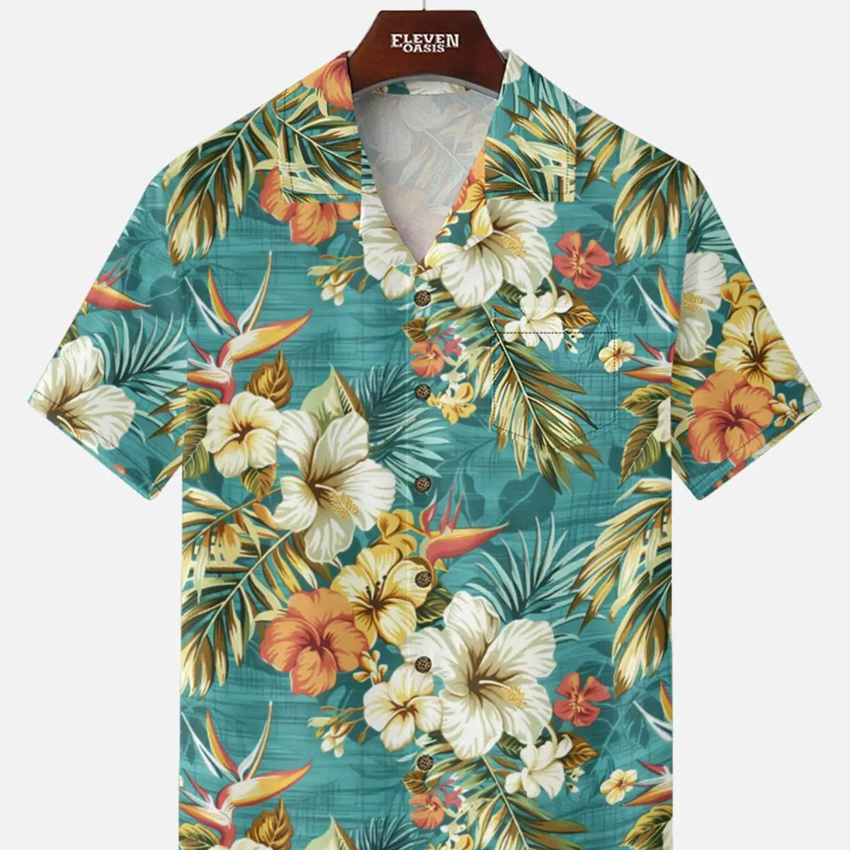Men's Hibiscus and Bird of Paradise Short Sleeve Shirt ElevenOasis