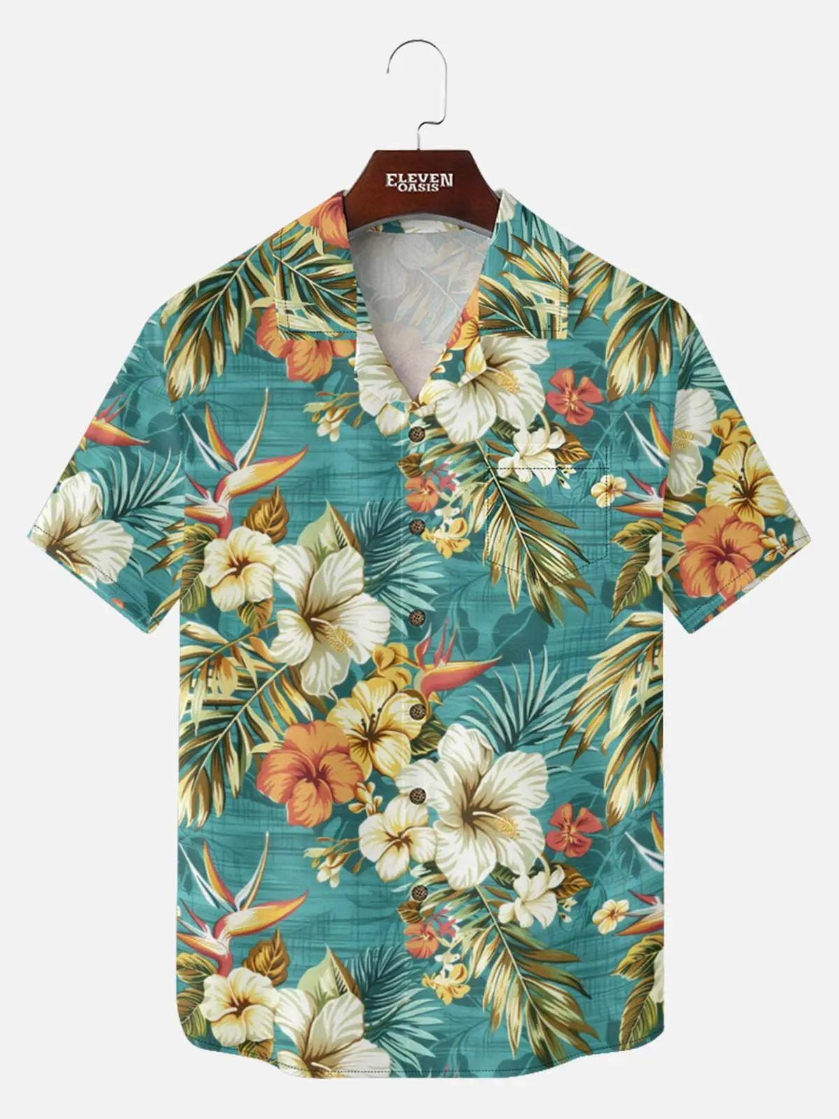 Men's Hibiscus and Bird of Paradise Short Sleeve Shirt ElevenOasis