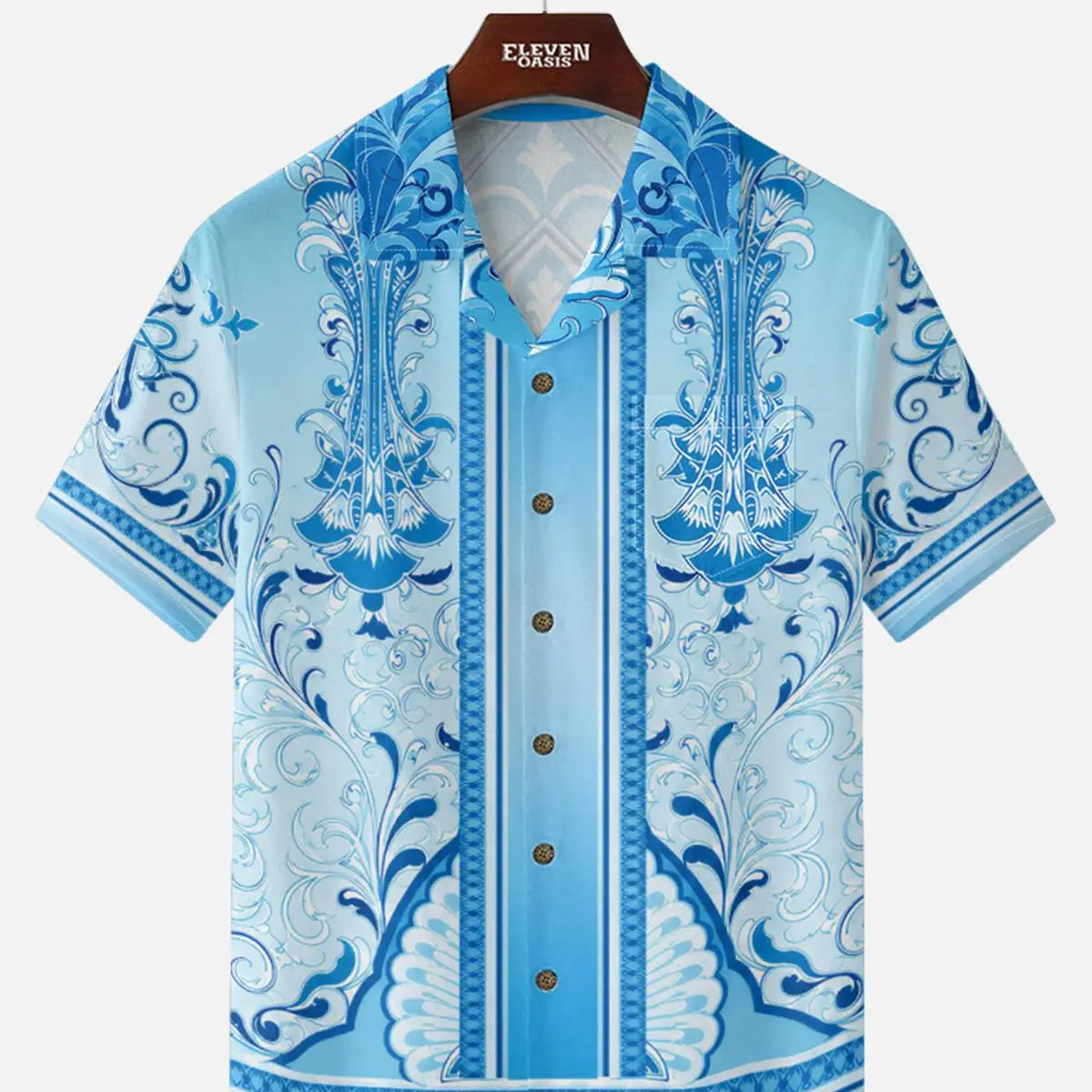 Men's Baroque Scrollwork Panel Camp Collar Short Sleeve Shirt Eleven Oasis