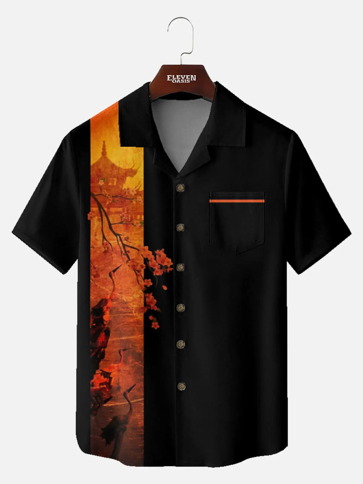 Tall Men's Pagoda & Crane Panel Short Sleeve Shirt Eleven Oasis
