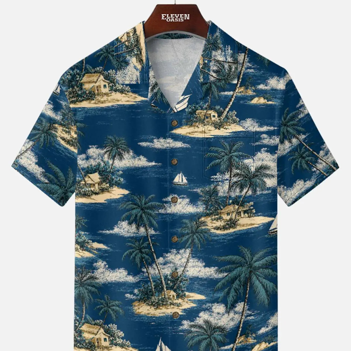 Men's Tropical Island Sailboat Camp Collar Short Sleeve Shirt ElevenOasis