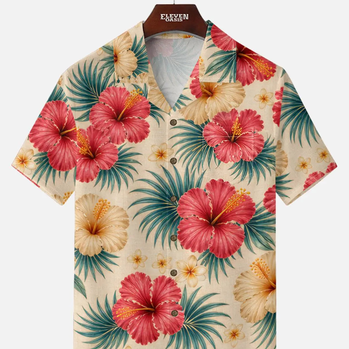 Men's Hibiscus Palm Camp Collar Short Sleeve Shirt ElevenOasis
