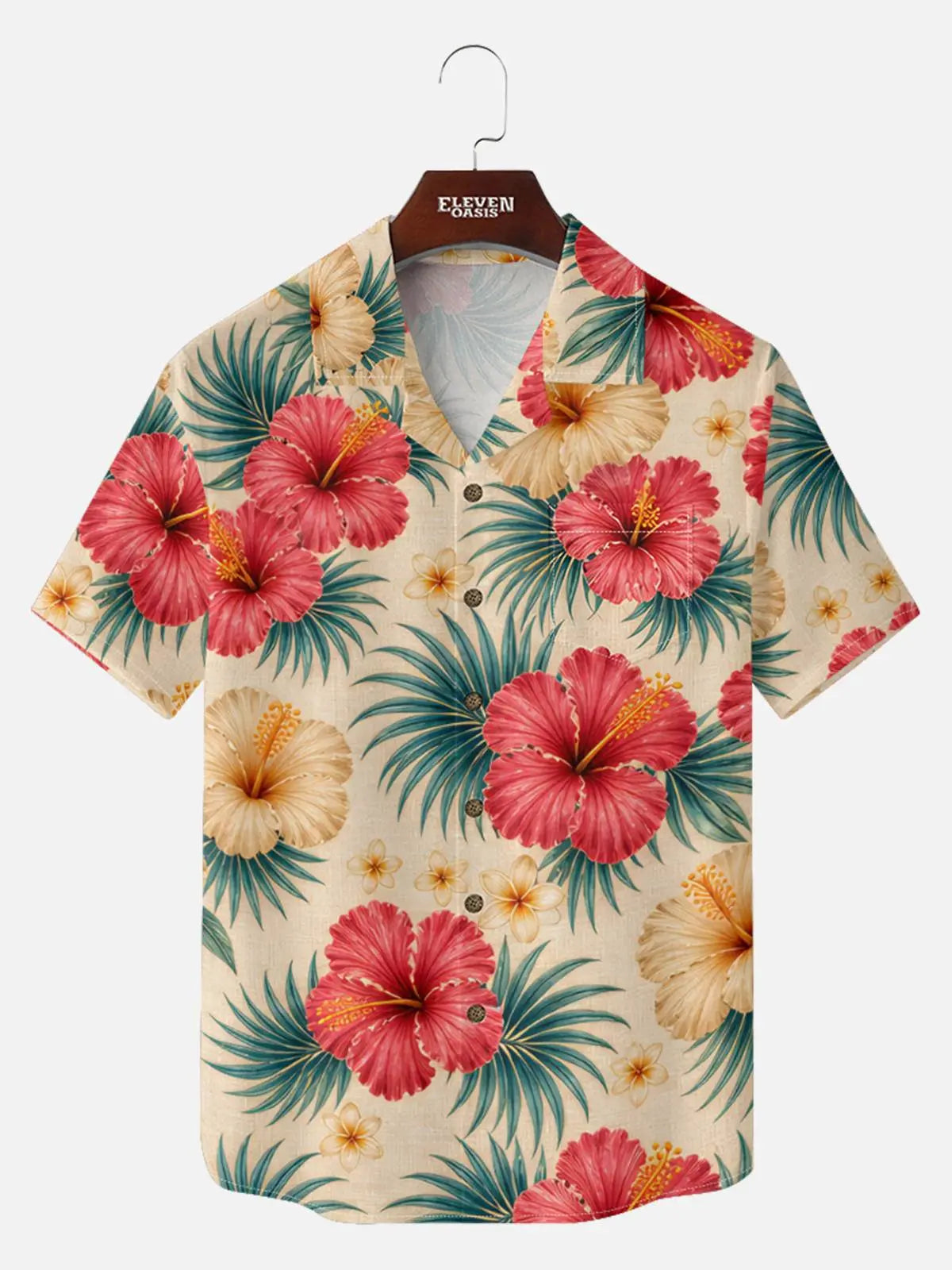 Men's Hibiscus Palm Camp Collar Short Sleeve Shirt ElevenOasis