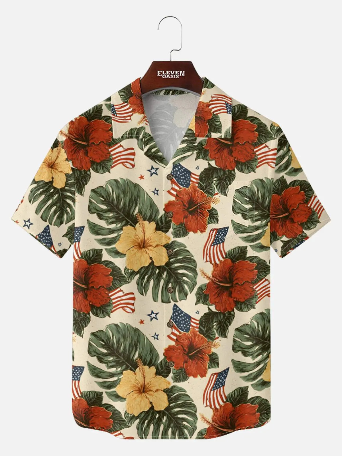 Men's Patriotic Tropical Hibiscus Short Sleeve Shirt Eleven Oasis
