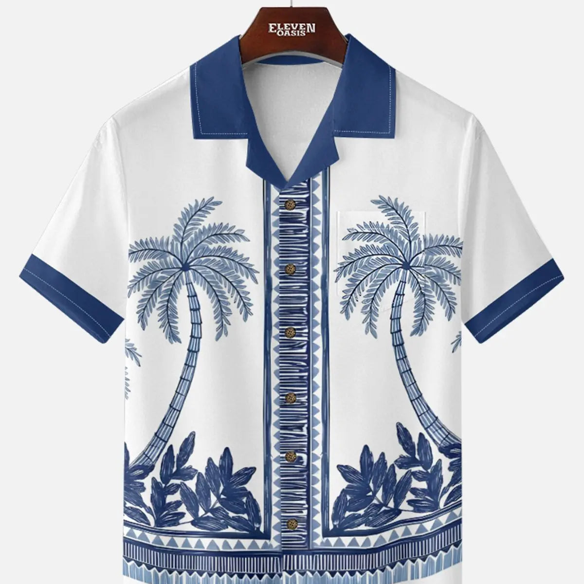 Men's Blue Palm Tile Panel Short Sleeve Shirt ElevenOasis