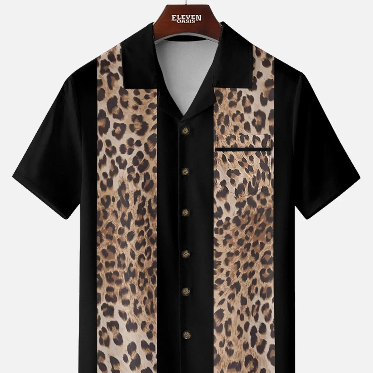 Men's Leopard Print Panel Bowling Short Sleeve Shirt