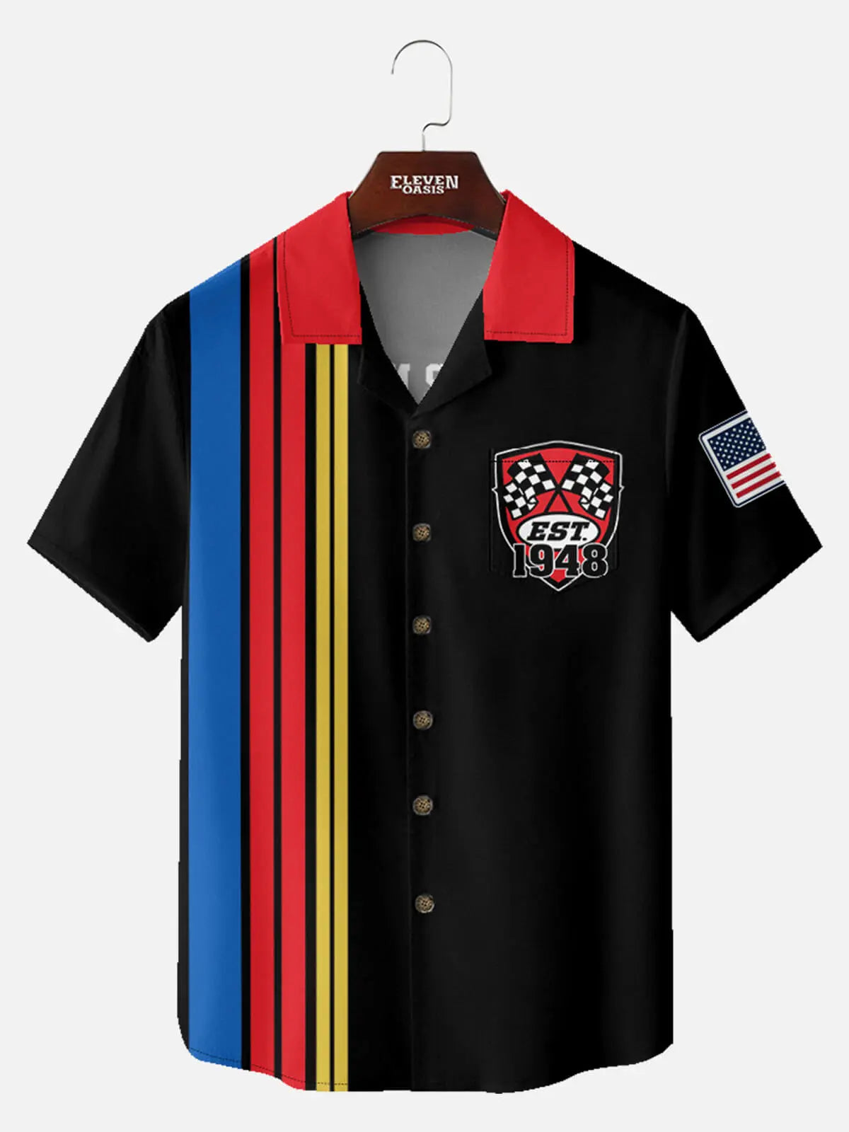 Men's Custom Racing Stripe & Shield Crest Short Sleeve Shirt Eleven Oasis