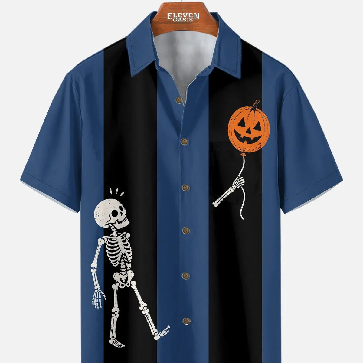 Men's Skeleton Pumpkin Bowling Short Sleeve Shirt Eleven Oasis