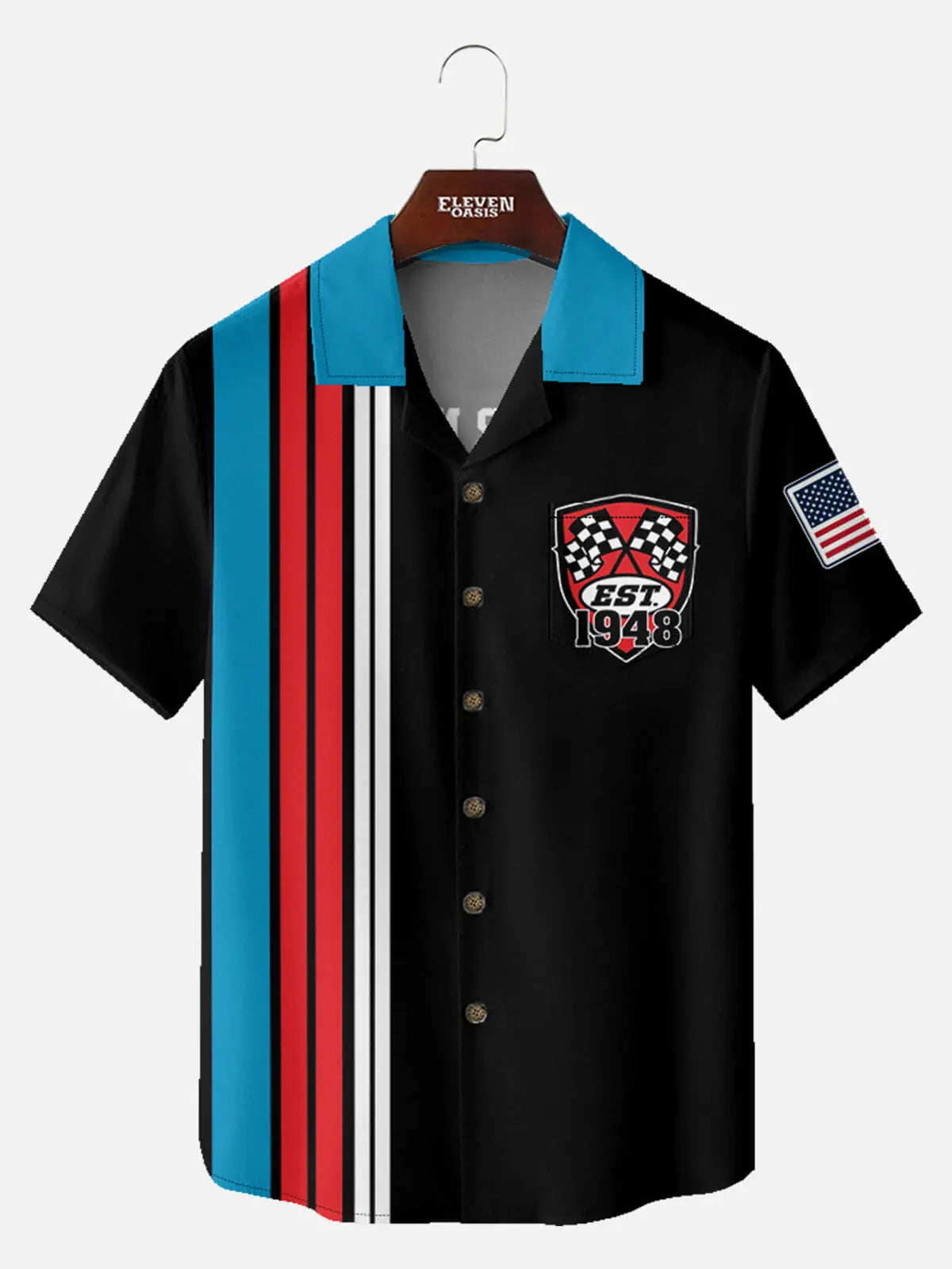 Men's Custom Racing Stripe & Shield Crest Short Sleeve Shirt Eleven Oasis