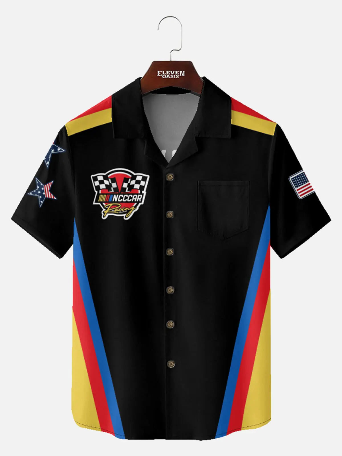 Tall Men's Custom Racing Flags Stripes & Stars Short Sleeve Shirt Eleven Oasis